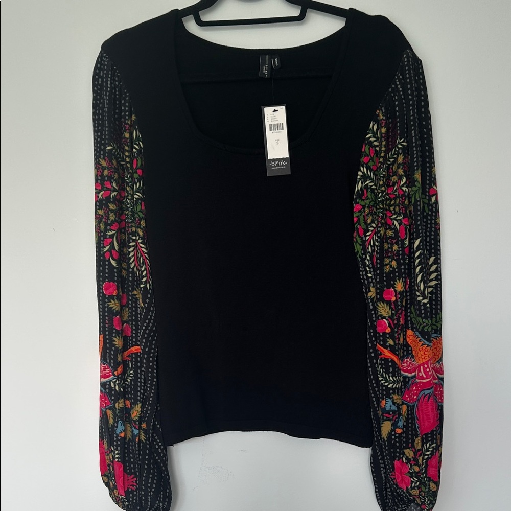 NWT Blank London Black Top with Colorful Sleeves